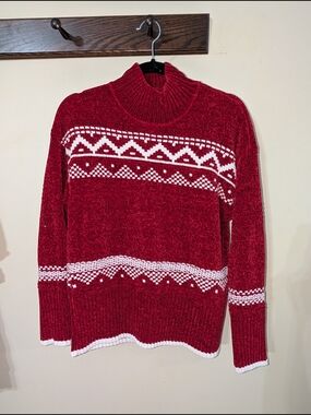 Christian Siriano Red and White Patterned Turtleneck Sweater